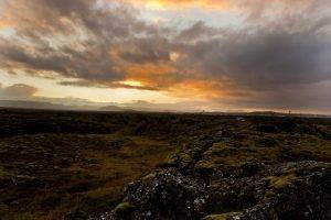 Iceland, Landscape, Nature, Field, Sunset, Clouds, Rock