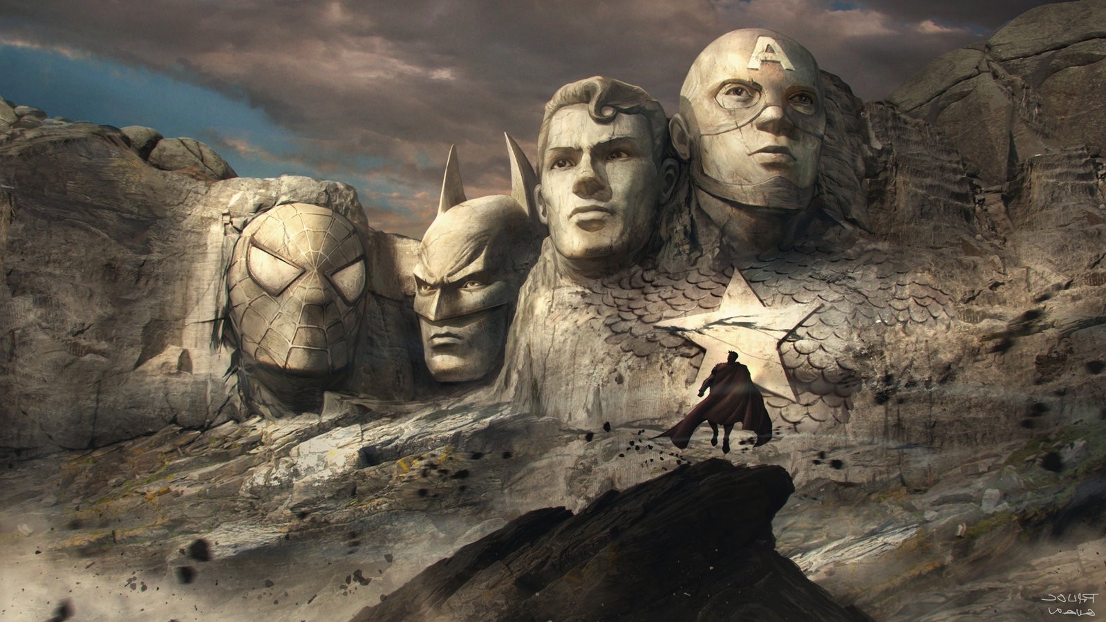 superhero, Artwork, Mountain, Mount Rushmore, Superman, Batman, Captain America, Spider Man, Sculpture, Rock Formation, DC Comics Wallpaper