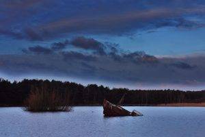 lake, Nature, Landscape, Forest, Clouds, Shipwreck, Water, Trees