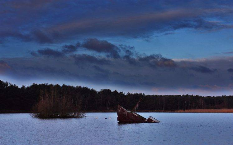 lake, Nature, Landscape, Forest, Clouds, Shipwreck, Water, Trees HD Wallpaper Desktop Background