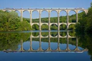 nature, Landscape, Water, Bridge, Train, Hill, Trees, Architecture, Railway, Reflection, Arch, France, TGV