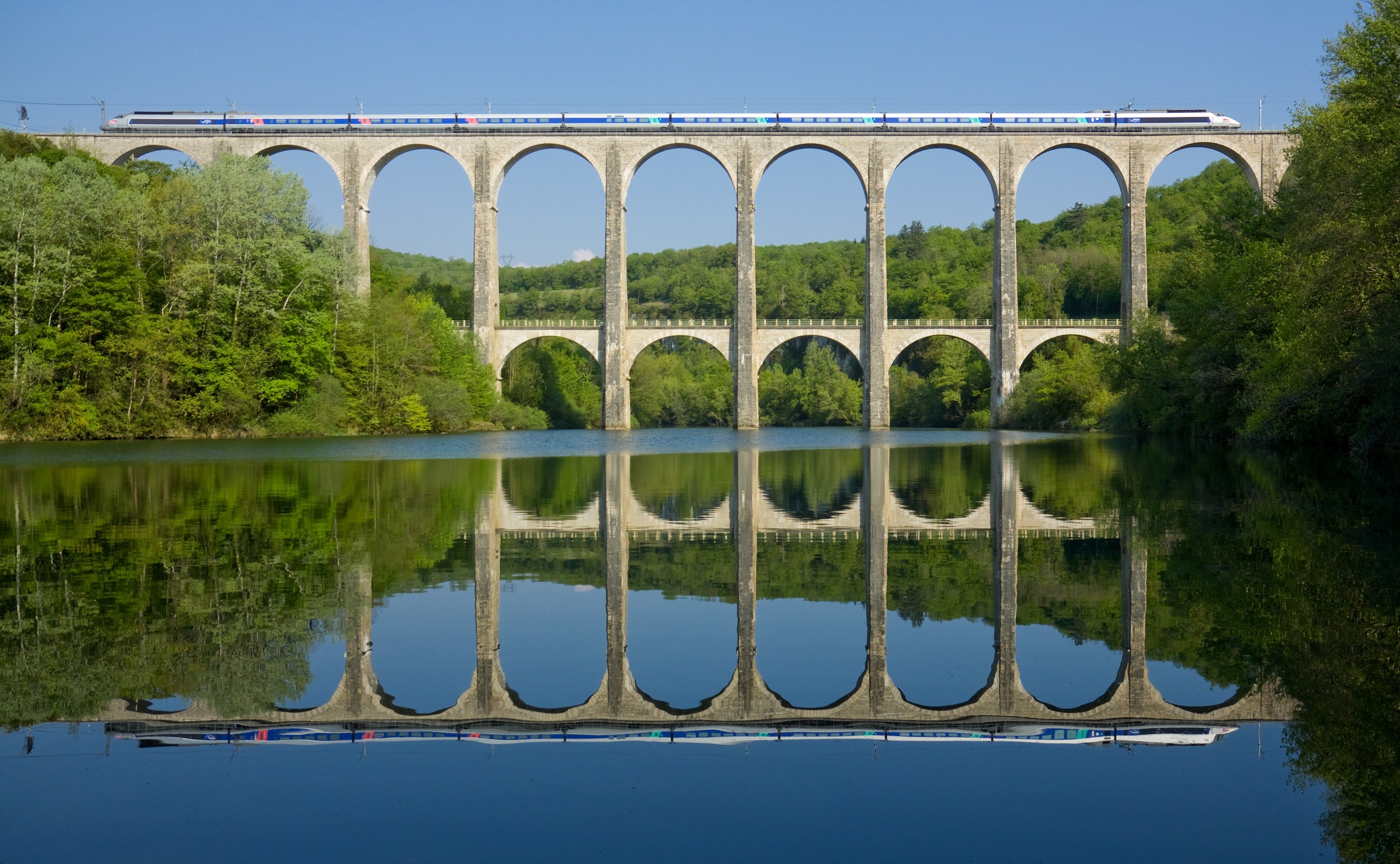 nature, Landscape, Water, Bridge, Train, Hill, Trees, Architecture, Railway, Reflection, Arch, France, TGV Wallpaper