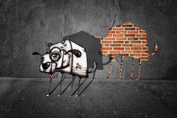 animals, Dog, Graffiti, Digital Art, Walls, Bricks, Shadow HD Wallpaper Desktop Background