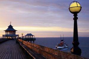 nature, Landscape, England, Horizon, Sea, Clouds, Pier, Ship, Lamps, Sunset, Wooden Surface