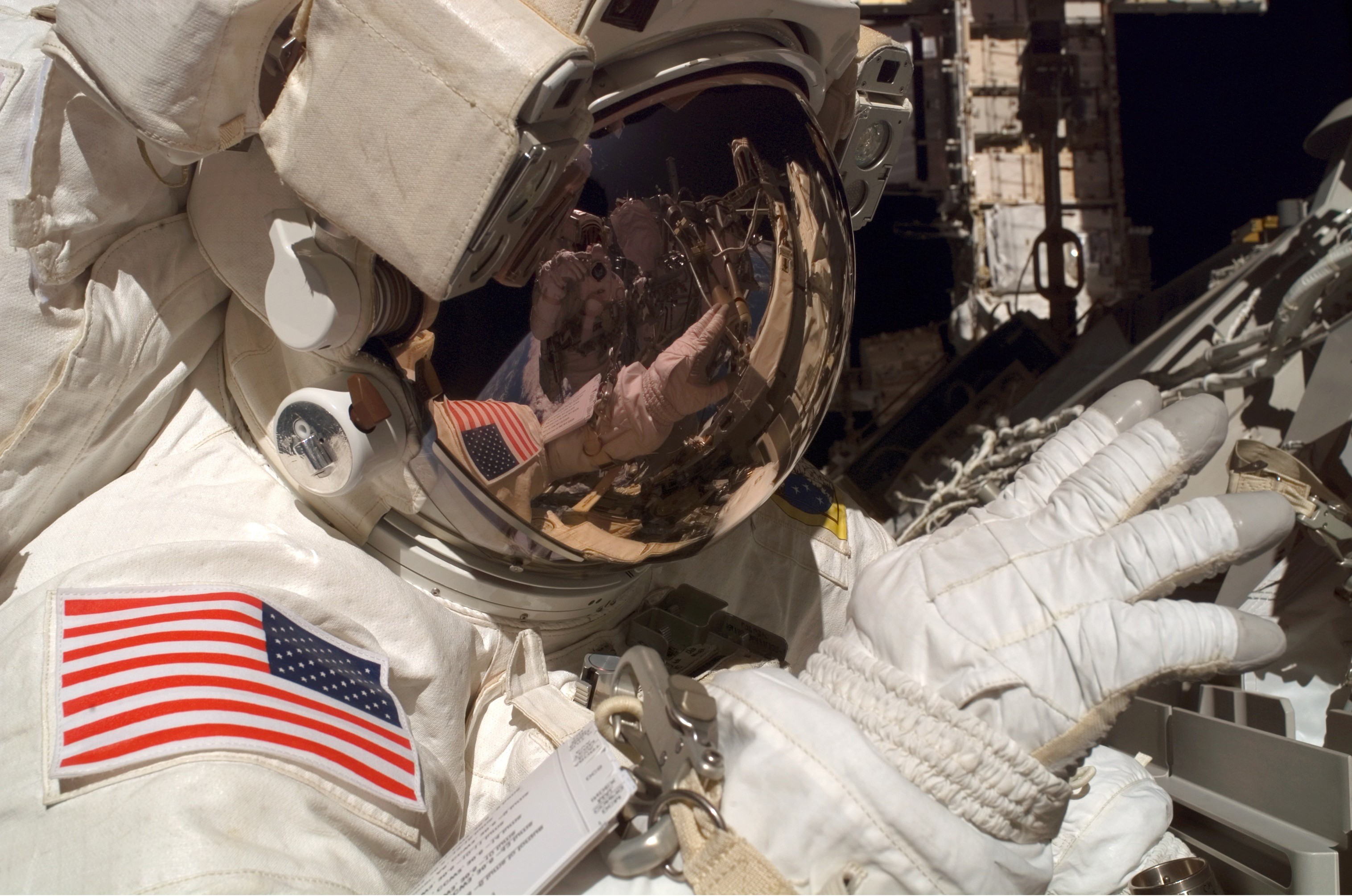 space, Universe, Space Suit, Helmet, American Flag, NASA, Spaceman, Reflection, Earth, Orbits, Space Station Wallpaper