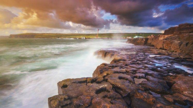 nature, Landscape, Sea, Waves, Rock, Sunset, Coast HD Wallpaper Desktop Background