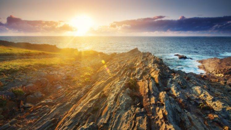 nature, Landscape, Sea, Sunset, Lens Flare, Rock, Water, Sunlight HD Wallpaper Desktop Background