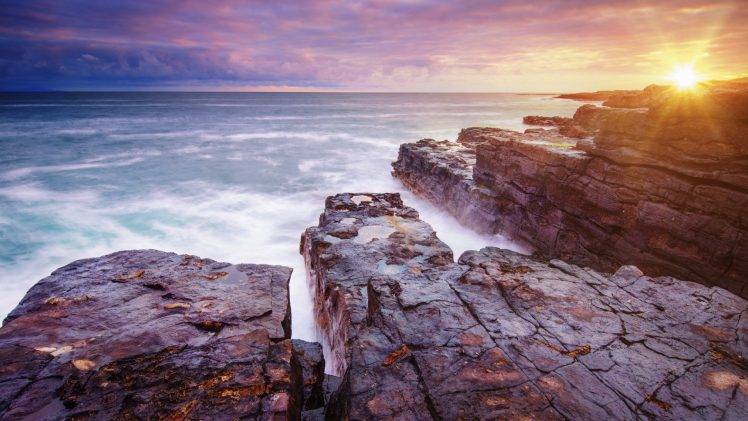 nature, Landscape, Sea, Sunset, Sunlight, Rock, Coast, Waves, Water HD Wallpaper Desktop Background