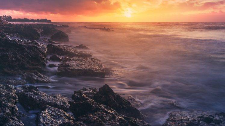 nature, Landscape, Sea, Waves, Sunset, Rock, Coast HD Wallpaper Desktop Background