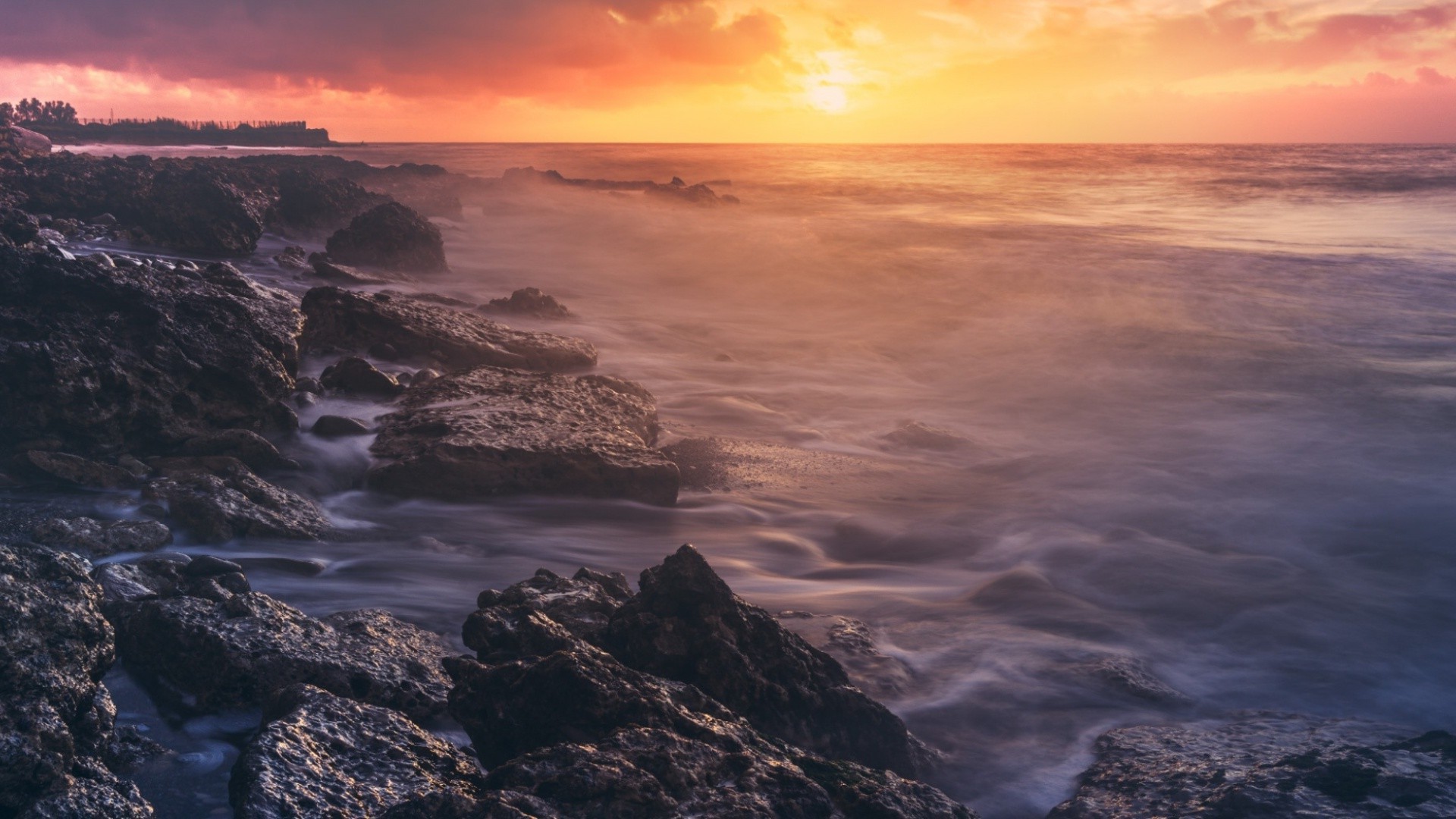 nature, Landscape, Sea, Waves, Sunset, Rock, Coast Wallpaper