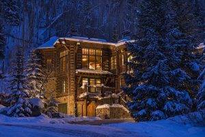 nature, Trees, Forest, Architecture, Colorado, USA, House, Winter, Snow, Evening, Lights, Wood, Luxury