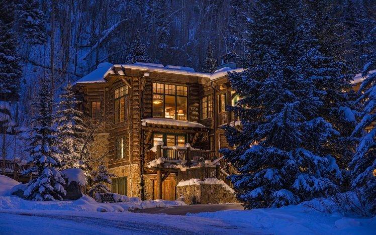 nature, Trees, Forest, Architecture, Colorado, USA, House, Winter, Snow, Evening, Lights, Wood, Luxury HD Wallpaper Desktop Background