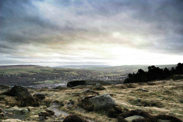 Ilkley, England, Hill, Landscape, Rock, Road, Clouds, Forest, Trees HD Wallpaper Desktop Background