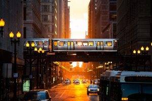 city, Street, USA, Street Light, Metro, Abstract, Urban, Chicago, Sunlight, Buses, Time, Orange, Car, Architecture