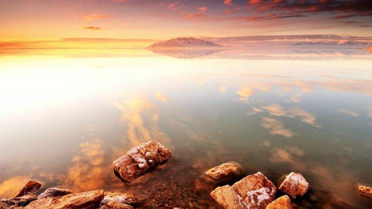 nature, Landscape, Photography, Sea, Sunset, Rock, Water, Reflection HD Wallpaper Desktop Background
