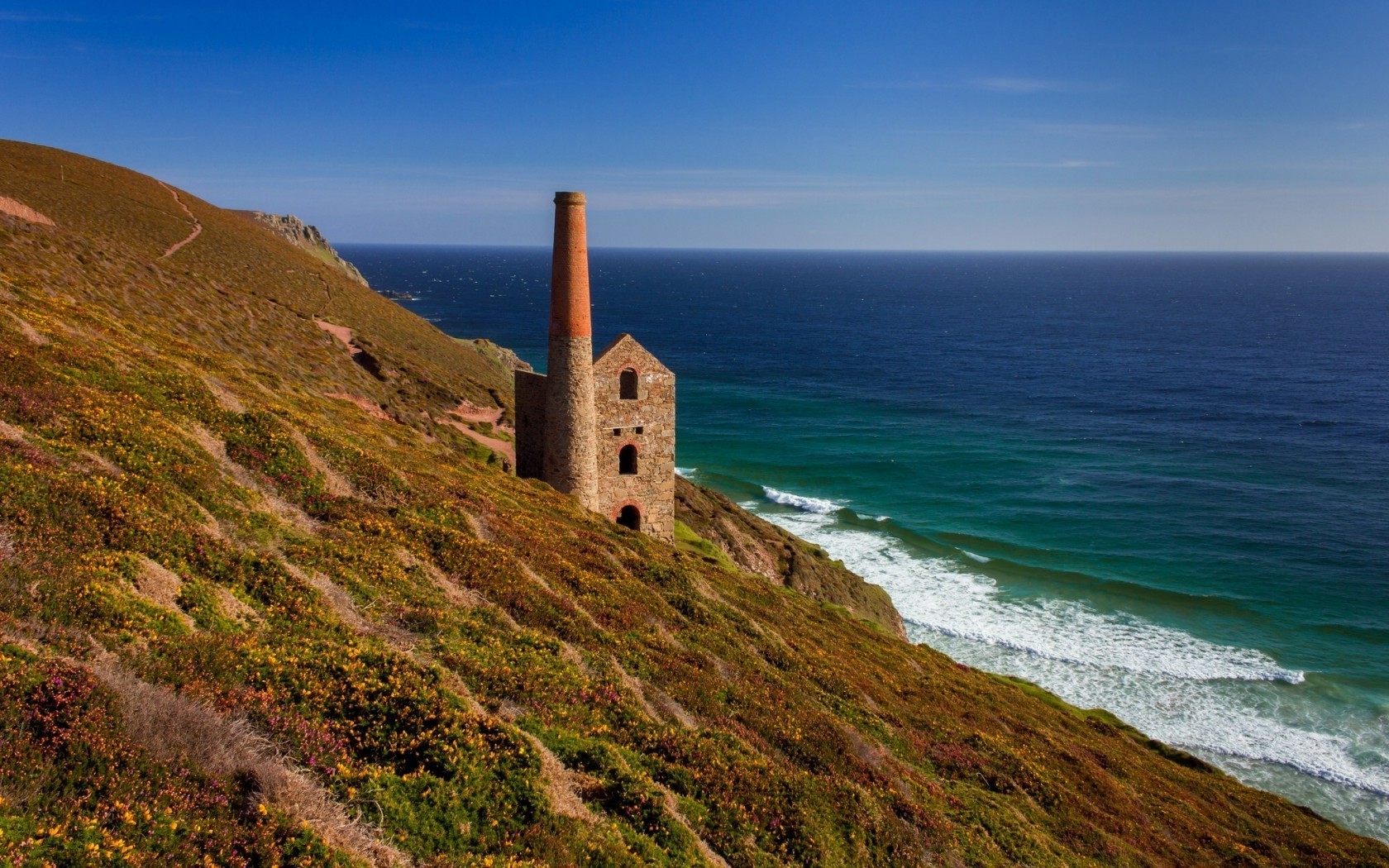 architecture, Nature, Landscape, England, UK, House, Hill, Old Building, Sea, Waves, Horizon Wallpaper