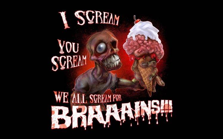 humor, Zombies, Ice Cream, Brains, Drawing, Screaming, Black Background, Whipped Cream HD Wallpaper Desktop Background