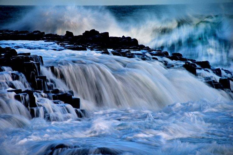 nature, Rock, Rock Formation, Water, Giants Causeway, Ireland, Sea, Waves, Long Exposure HD Wallpaper Desktop Background