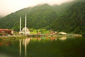 nature, Landscape, Turkey, Uzungöl, Trabzon, Mosques, Trees, Forest, Lake, Reflection, Mist, Hill
