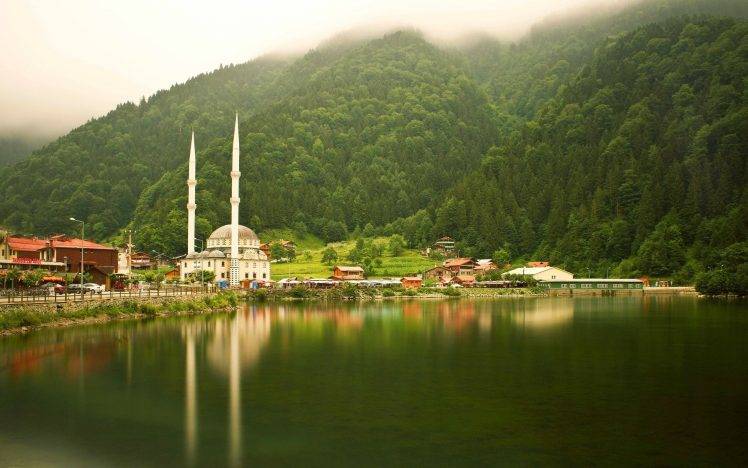 nature, Landscape, Turkey, Uzungöl, Trabzon, Mosques, Trees, Forest, Lake, Reflection, Mist, Hill HD Wallpaper Desktop Background