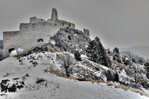 architecture, Castle, Nature, Slovakia, Ruin, Hill, Rock, Trees, Winter, Snow