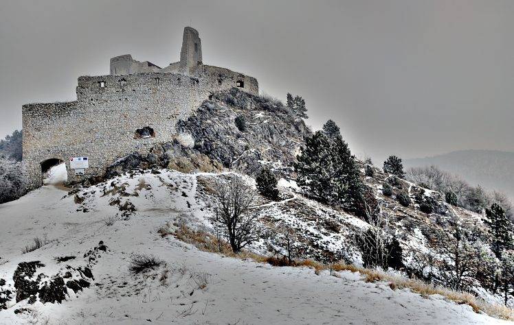 architecture, Castle, Nature, Slovakia, Ruin, Hill, Rock, Trees, Winter, Snow HD Wallpaper Desktop Background