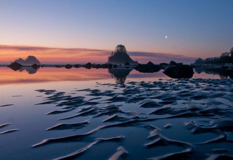 landscape, Water, Moon, Lake, Reflection, Rock, Washington State, USA HD Wallpaper Desktop Background