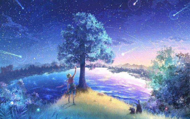trees, Stars, Sky, Shooting Stars, Animal Ears, Rabbits HD Wallpaper Desktop Background