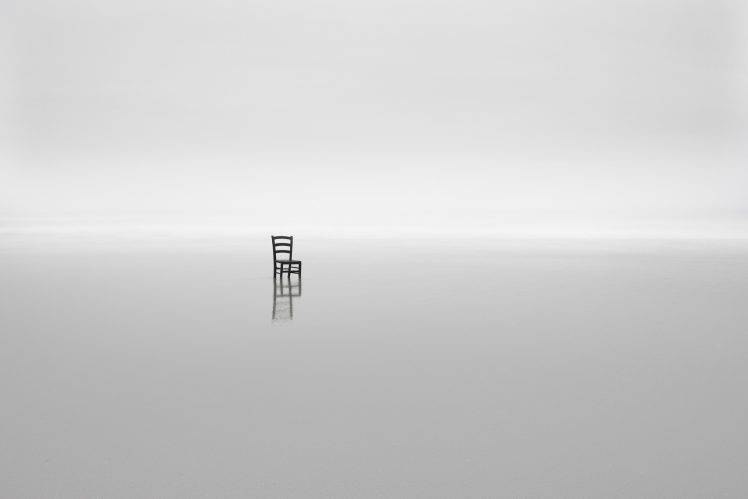 minimalism, Nature, Water, Horizon, Chair, Monochrome, White Background, Reflection HD Wallpaper Desktop Background