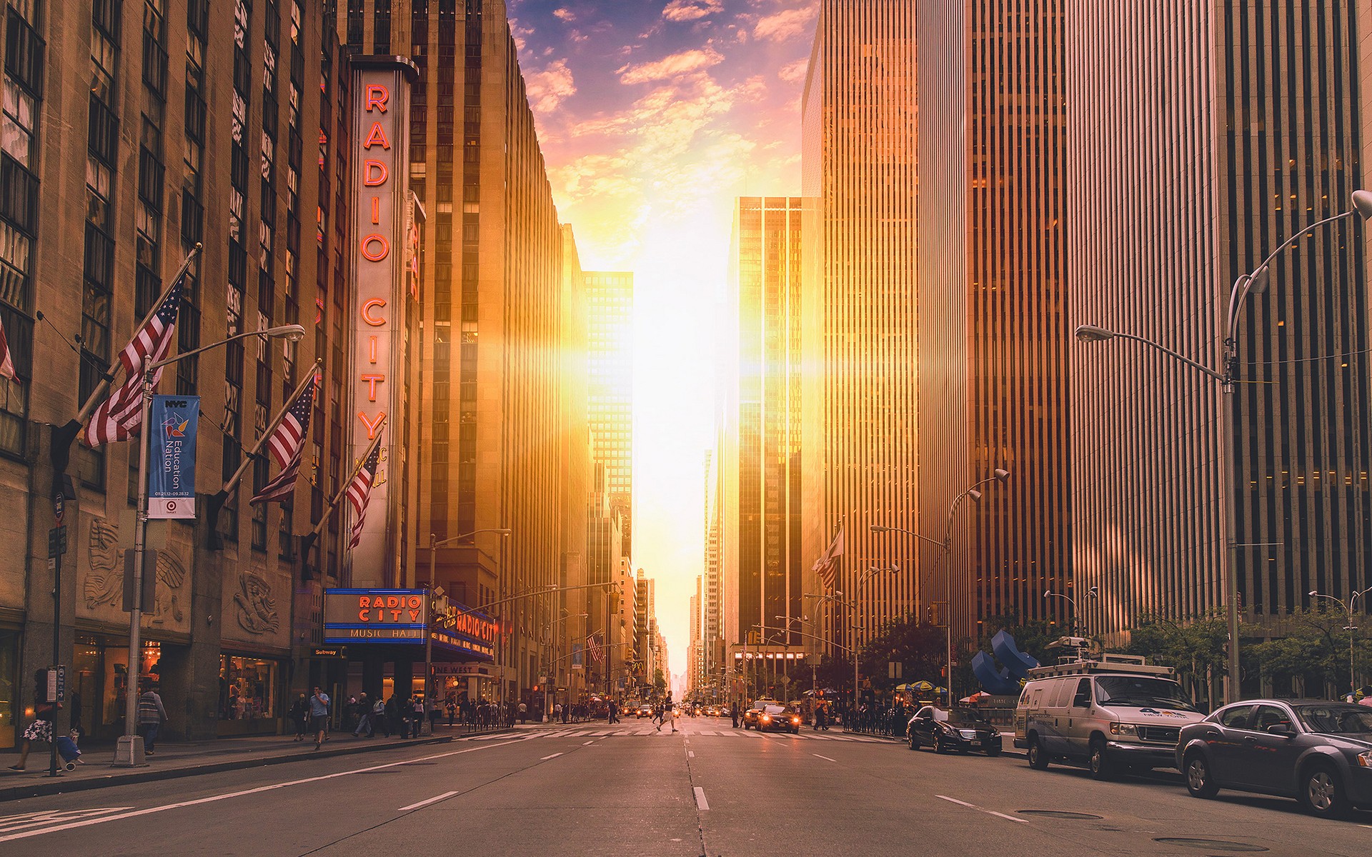 city, Architecture, USA, Manhattan, Building, Skyscraper, Clouds, World Trade Center, Twins, Street, Car, American Flag, Sun, Radio, Cityscape, Road, Sunlight, New York City Wallpaper