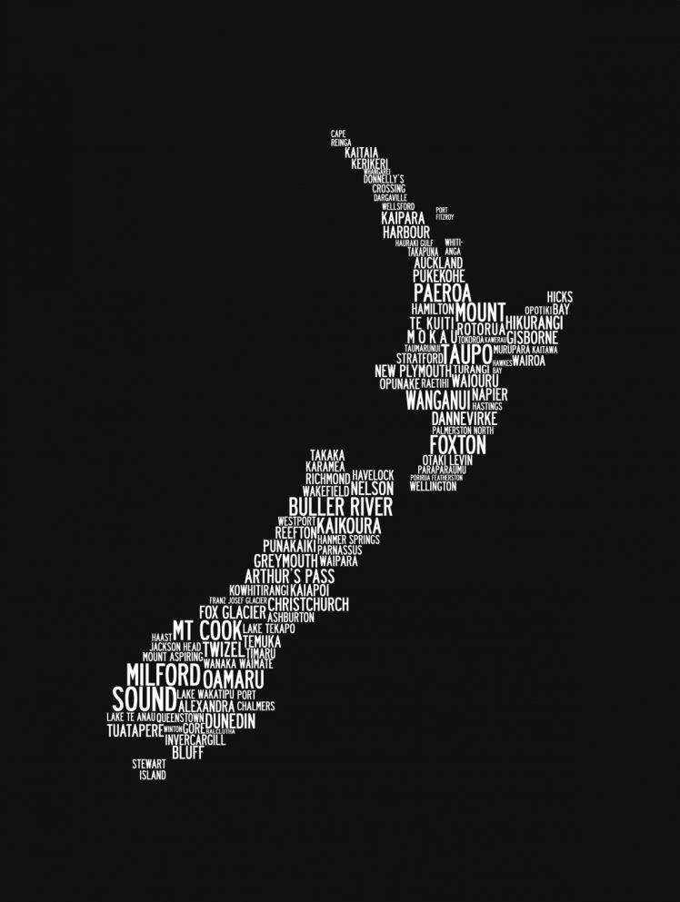minimalism, Black Background, Simple Background, Map, New Zealand, Island, White, Town, Typography HD Wallpaper Desktop Background
