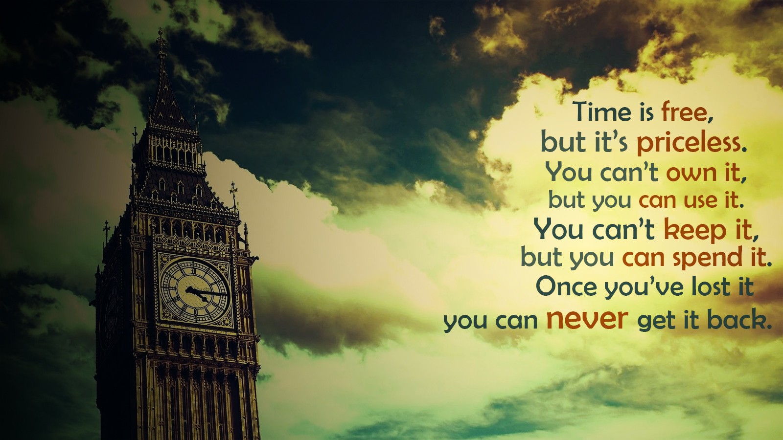 quote, Big Ben, London, Time, Filter, Clouds, Inspirational Wallpapers