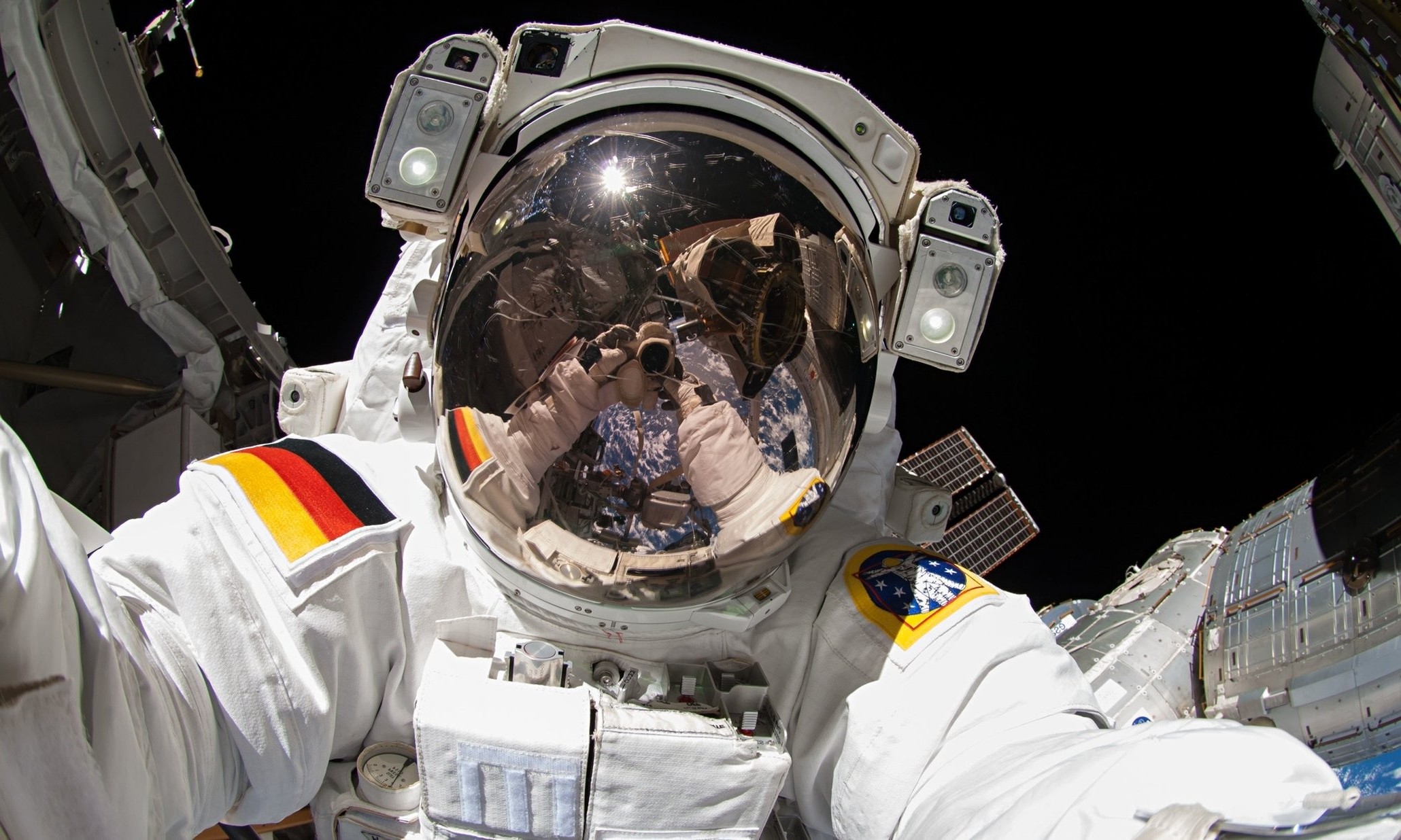 space, Universe, Space Station, Orbits, Orbital Stations, Space Suit, German, Flag, Helmet, Self Shots, Camera, Reflection, Earth, ESA Wallpaper