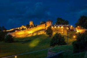 nature, Landscape, Architecture, Castle, Hill, Fortress, Belgrade, Serbia, Evening, Lights, Grass, Walls, Clouds