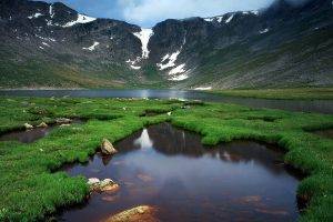 nature, Landscape, Water, Lake, Mountain, Clouds, USA, Grass, Rock, Snow, Reflection, Montana, Glacier National Park