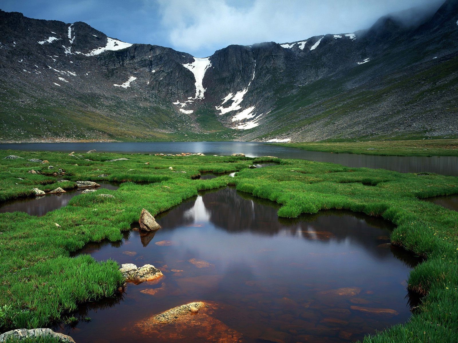 nature, Landscape, Water, Lake, Mountain, Clouds, USA, Grass, Rock, Snow, Reflection, Montana, Glacier National Park Wallpaper