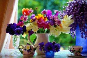 flowers, Vases, Pansies, Bouquets, Cup, Painting