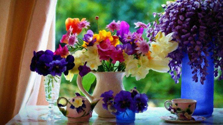 flowers, Vases, Pansies, Bouquets, Cup, Painting HD Wallpaper Desktop Background
