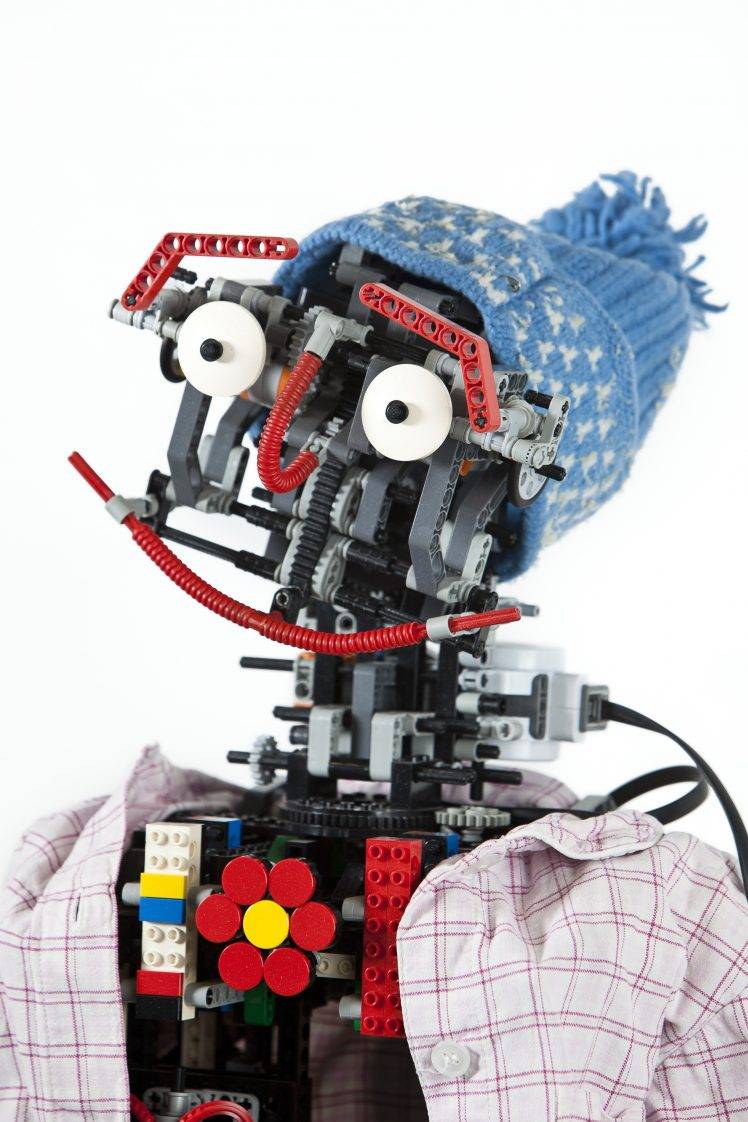 LEGO, Robot, Technology, Shirt, Face, Eyes, Flowers, White Background, Toys, Bricks, Gears, Pipes HD Wallpaper Desktop Background