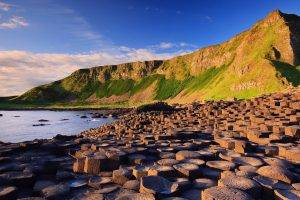 nature, Landscape, Water, Sea, Giants Causeway, Ireland, Stones, Rock Formation, Mountain, Clouds