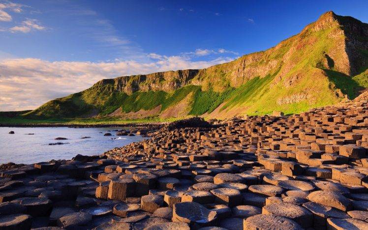 nature, Landscape, Water, Sea, Giants Causeway, Ireland, Stones, Rock Formation, Mountain, Clouds HD Wallpaper Desktop Background