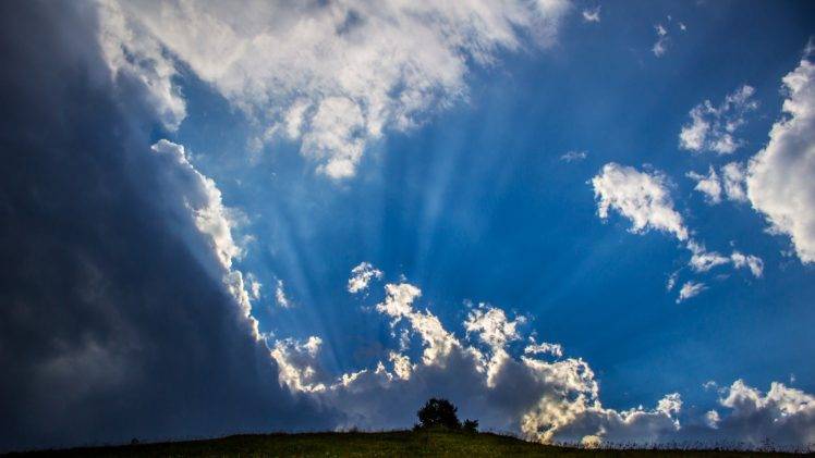 nature, Sky, Clouds, Sunlight, Hill, Grass, Trees, Landscape HD Wallpaper Desktop Background