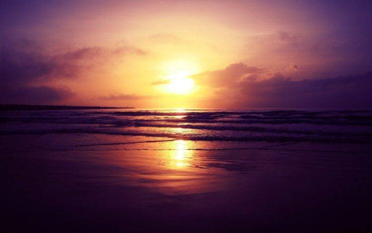 sunset, Landscape, Nature, Beach, Waves, Sea, Coast, Reflection HD Wallpaper Desktop Background