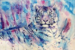 white Tigers, Tiger, Artwork, Painting, Watercolor, Blue, Purple, Animals