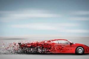 digital Art, Red Cars, Clouds, Horizon, Ferrari, Pixelated, Artwork