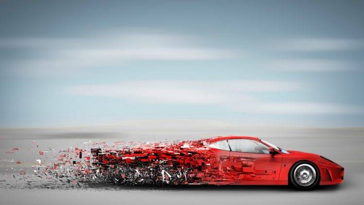 digital Art, Red Cars, Clouds, Horizon, Ferrari, Pixelated, Artwork HD Wallpaper Desktop Background