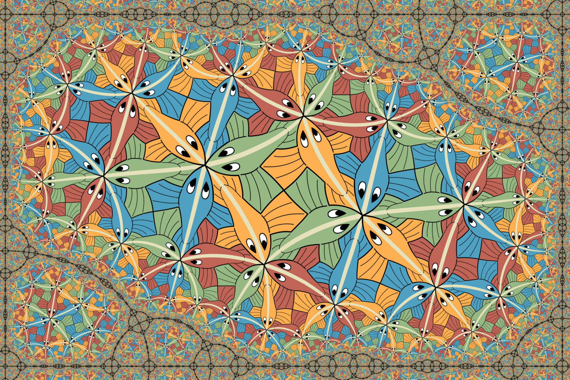 optical Illusion, Drawing, M. C. Escher, Psychedelic, Animals, Symmetry, Colorful, Fish Wallpaper