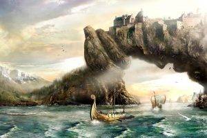 The Elder Scrolls V: Skyrim, Painting, Digital Art, Boat, Arch, Sunlight, Sea