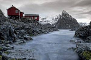 wood, House, Nature, Landscape, Norway, Mountain, Rock, River, Snow, Clouds, Long Exposure