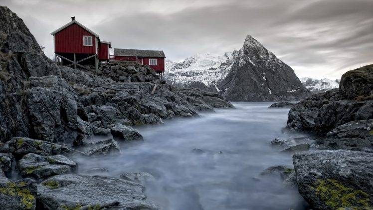 wood, House, Nature, Landscape, Norway, Mountain, Rock, River, Snow, Clouds, Long Exposure HD Wallpaper Desktop Background